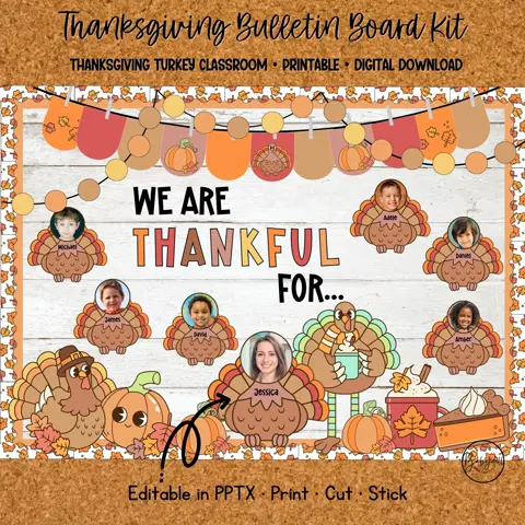 Thanksgiving Bulletin Board Kit Editable Turkey Gratitude Writing Display