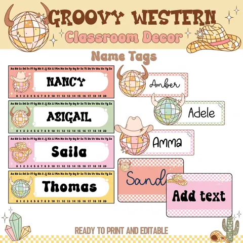 Editable Western Teacher Door Sign: Groovy Cowboy Classroom Decor (Printable PDF, PPT, PNG Files)