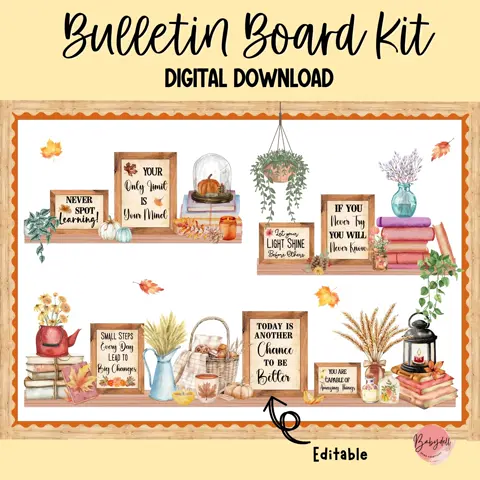 Fall Classroom Bulletin Board Kit: Motivational Bookshelf Decor
