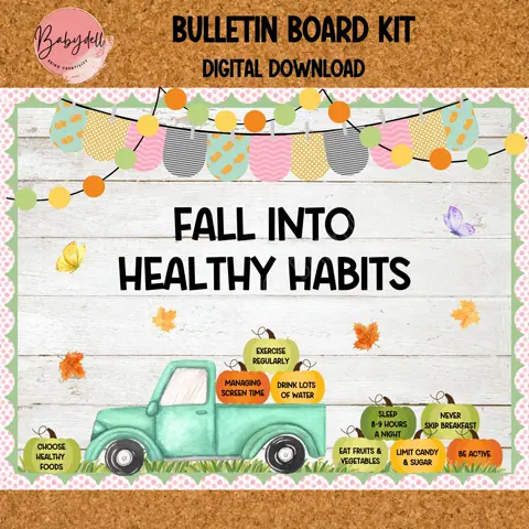 Fall Healthy Habits Bulletin Board Kit: Pumpkin Truck Decor (Printable)