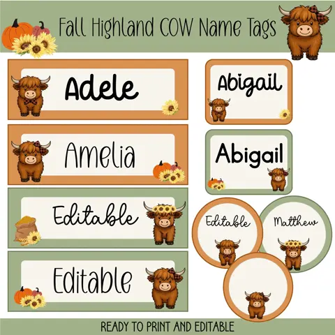 Fall Highland Cow Name Tags: Autumn Classroom Decor (Editable Templates, Digital Download)