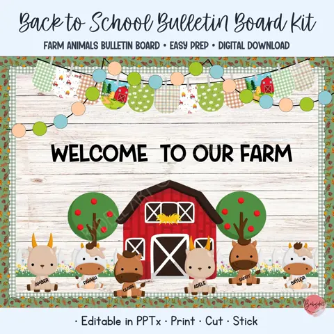 Farm bulletin board kit and farm animal decor with editable barn classroom display