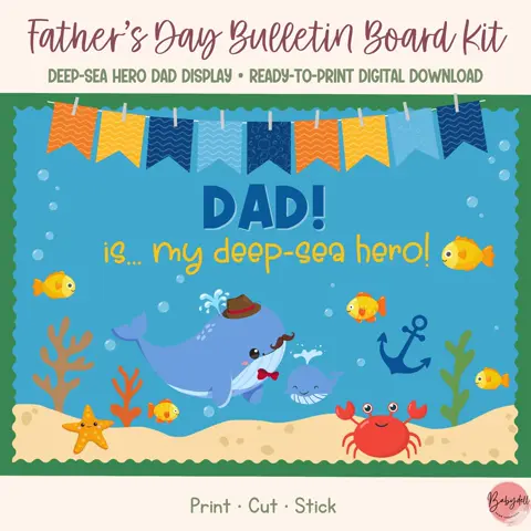 Fathers day board ocean classroom decor with whale and fintastic dad door display