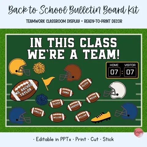 Football bulletin board kit and sports classroom decor with editable football name tags
