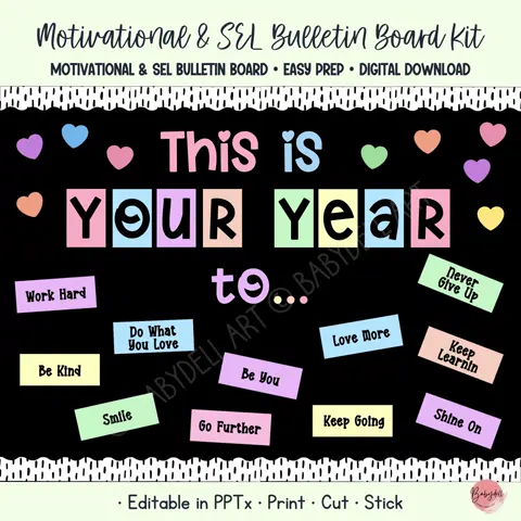 Goal setting board and new year bulletin kit with editable motivational decor
