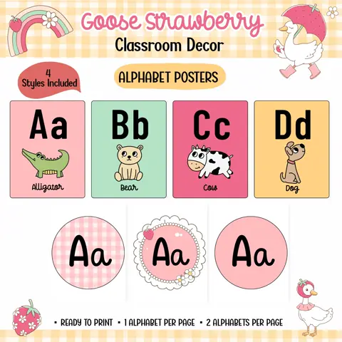 Goose Strawberry Alphabet Posters Animal Phonics Classroom Wall Decor Printable