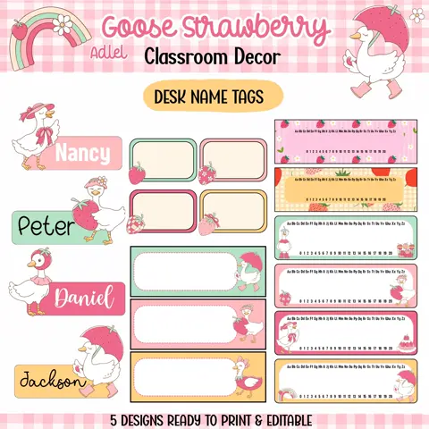 Goose Strawberry Desk Name Tags Editable Classroom Decor Student Name Plates Set