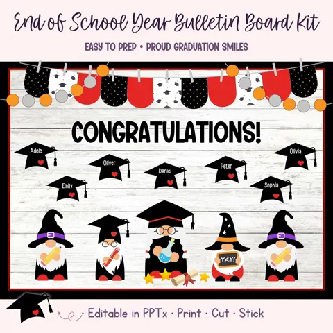 Graduation board kit for end of school year editable gnome door display