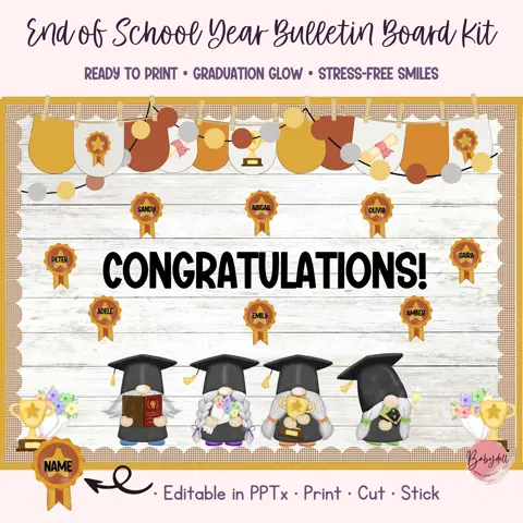 Graduation Bulletin Board Kit: End of Year Gnome Decor, Editable Name Cards