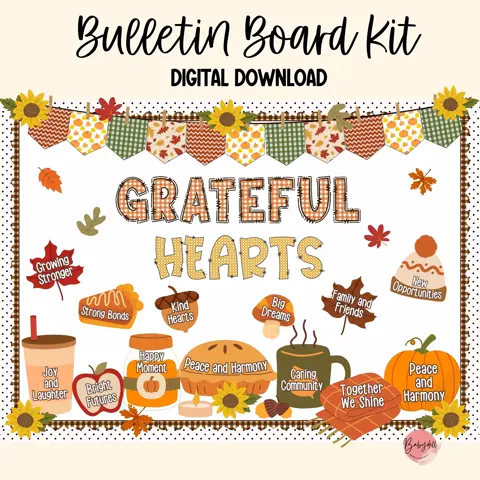 Grateful Hearts Fall Bulletin Board Kit for a Cozy Thankful Classroom