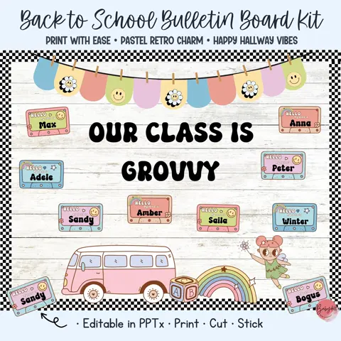 Groovy bulletin board kit and retro classroom decor with editable cassette tape names