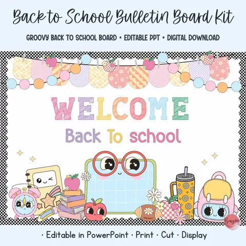 Groovy bulletin kit with retro pastel classroom door decor and editable apple name tags