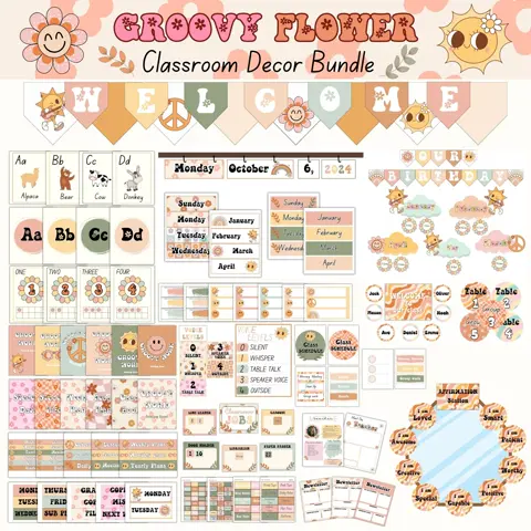 Groovy Classroom Retro 70s Flower Decor Bundle Editable Teacher Printables