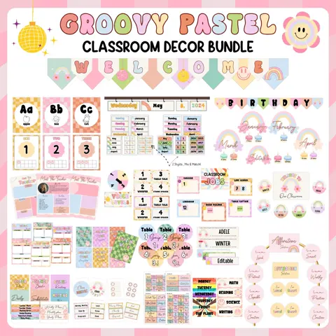 Groovy Decor Bundle, Retro Pastel Classroom Theme, Editable Back To School Kit