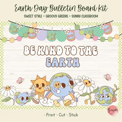 Groovy Earth Day bulletin board kit with retro spring classroom decor and printables