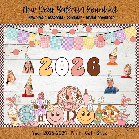 Groovy New Year Bulletin Board Kit for Retro 2025-2029 Classroom Decor