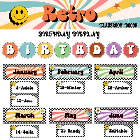 Groovy Pastel Birthday Bulletin Board | Editable Student Birthday Chart | Retro Classroom Decor | Digital Download