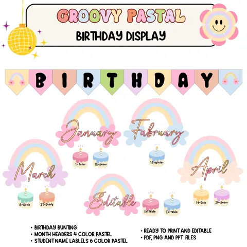 Groovy Pastel Birthday Bulletin Board Kit: Retro Classroom Decor