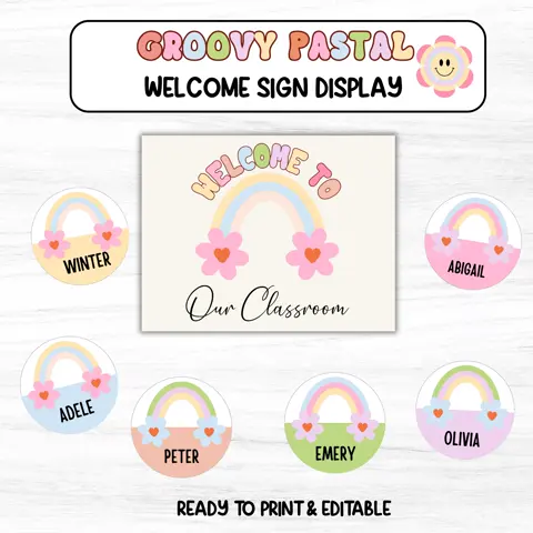 Groovy Pastel Classroom Welcome Sign: Editable Retro Decor