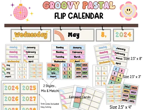 Groovy Pastel Flip Calendar Cards: Editable Classroom Decor