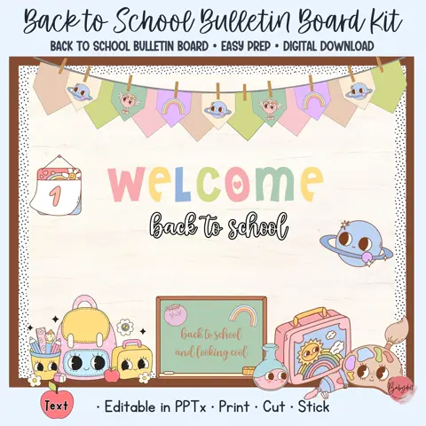 Groovy Retro Welcome Back to School Bulletin Board Kit - Classroom Decor Printable - Editable