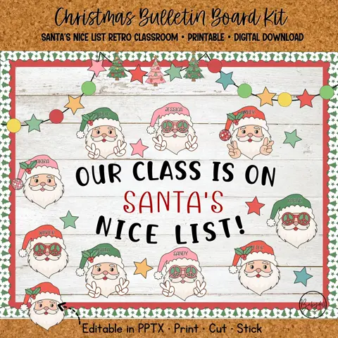 Groovy Santa Bulletin Board for an Editable Nice List Classroom