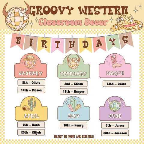 Groovy Western Birthday Bulletin Board Kit: Retro Classroom Decor (Printable Download)