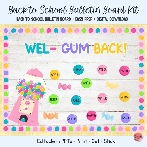 Gumball bulletin kit and candy classroom display with editable student name tags