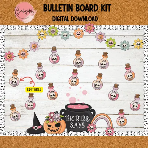 Halloween Bulletin Board Kit: Positive Affirmations, Bible Verse Cards (Digital Download)