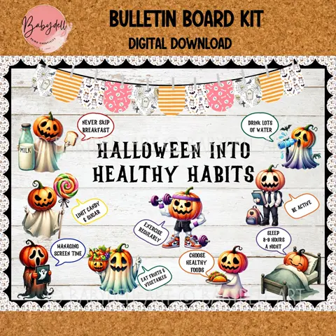 Halloween Healthy Habits Bulletin Board Kit: Nurse Office Decor (Digital Download)