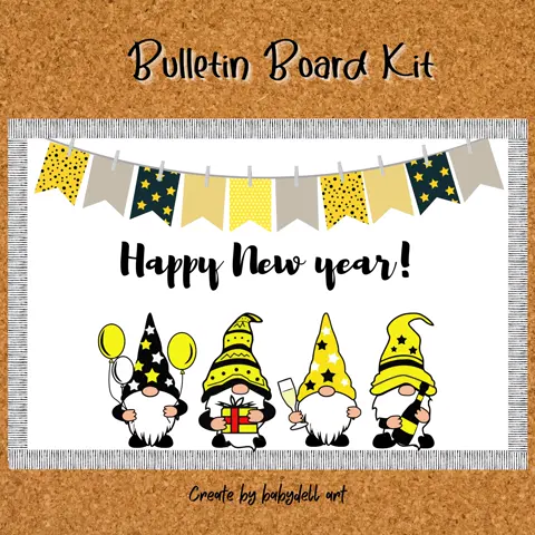 Happy New Year Bulletin Board Kit, Gnome Classroom Decor, Printable Black and Gold
