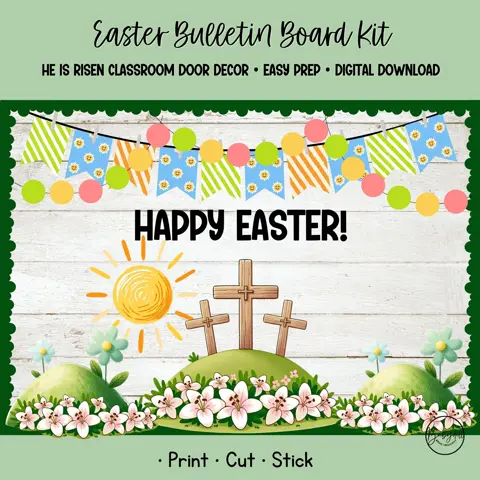 He Is Risen Bulletin Board Kit for Christian Classrooms and Religious Easter Door Decor