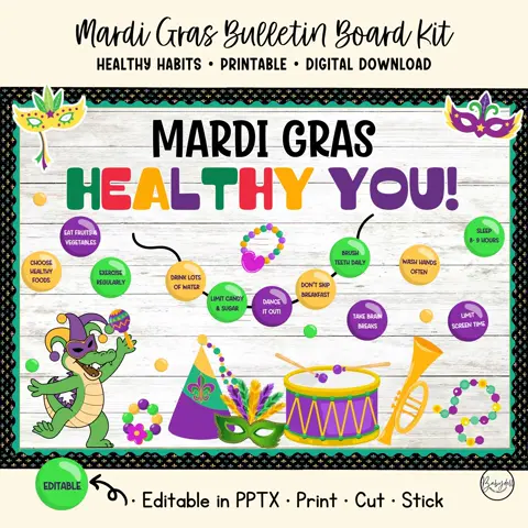 Healthy Habits Parade Bulletin Board Kit Mardi Gras Theme Classroom Decor School Nurse