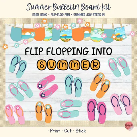 Hello summer bulletin board kit for elementary teachers and flip flop classroom door decor