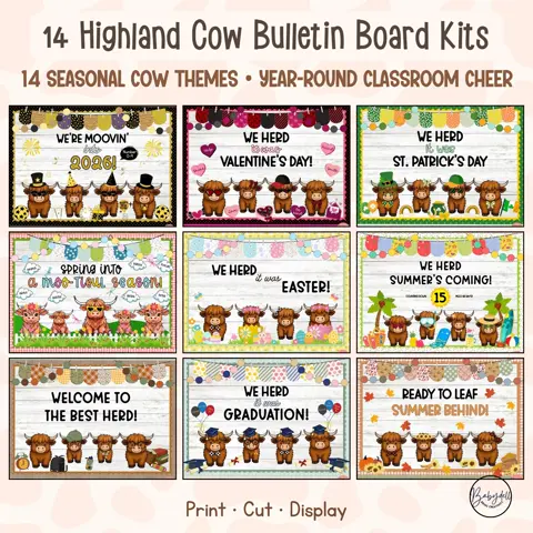 Highland Cow Bulletin Board Bundle 14 Seasonal Classroom Decor Kits
