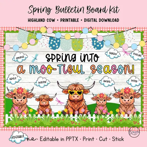 Highland Cow Bulletin Board Kit Spring Farmhouse Classroom Decor with Editable Name