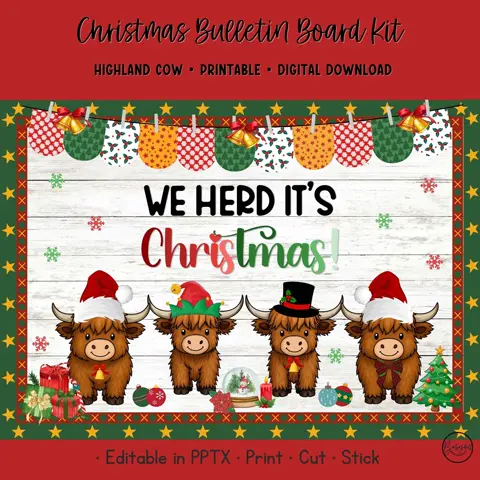 Highland Cow Christmas Bulletin Board Kit Editable Classroom Door Decor Printable Holiday Set