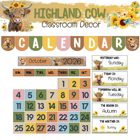 Highland Cow Classroom Calendar Set With Sunflower Farmhouse Decor For Teachers