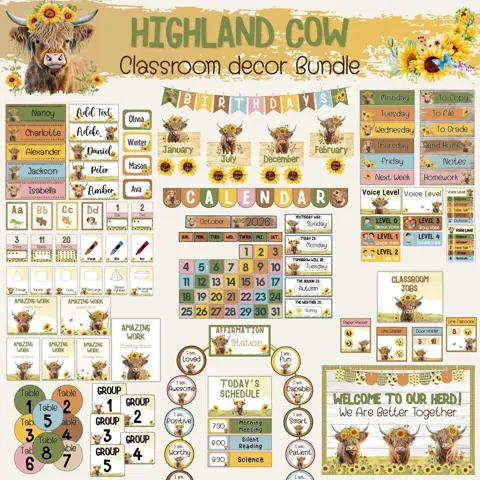 Highland Cow Classroom Decor Bundle Modern Farmhouse Theme Editable Printable Teacher Set