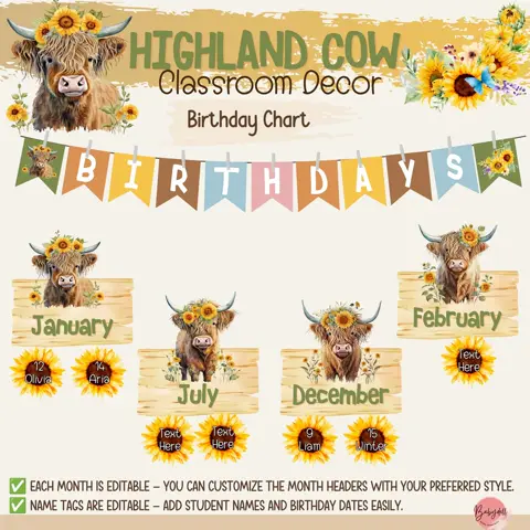 Highland cow decor and farmhouse classroom birthday chart editable display