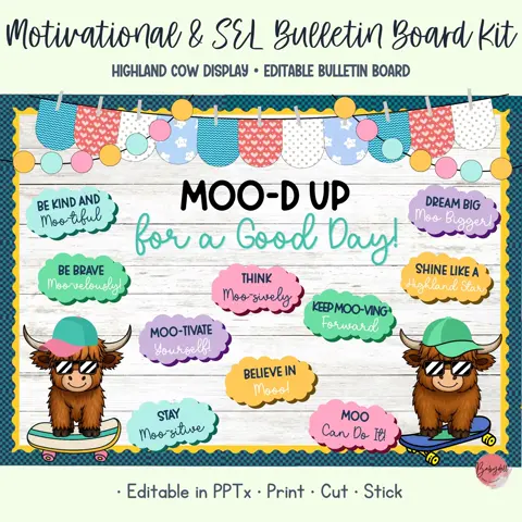 Highland cow decor moo tivation bulletin board kit with editable pun name tags