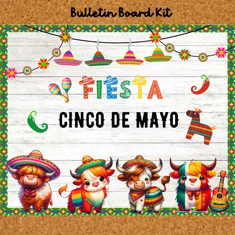 Highland Cow Fiesta Bulletin Board Kit: Cinco de Mayo Classroom Decor