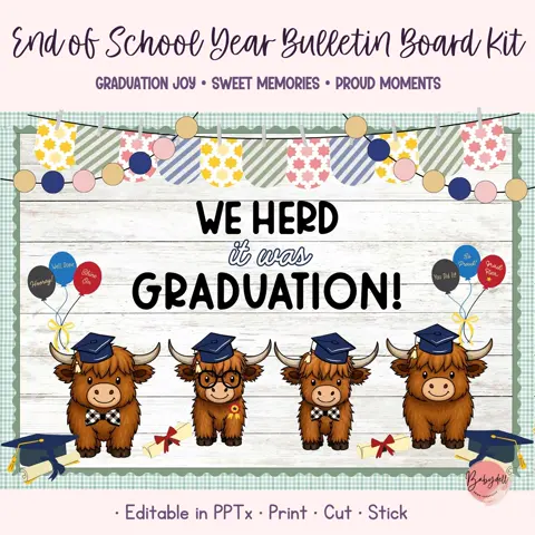 Highland Cow Grad Bulletin Board Kit for End of School Year