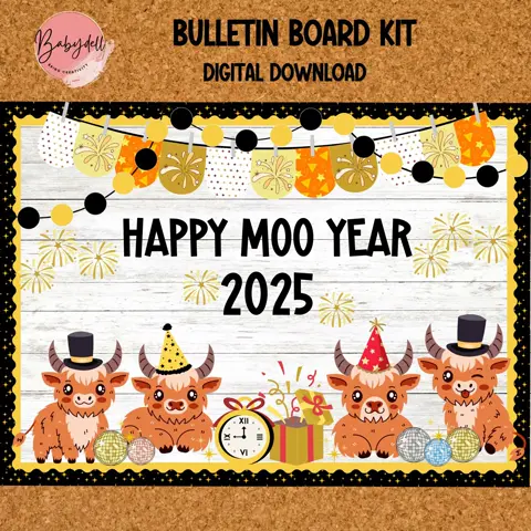 Highland Cow New Year 2025 Bulletin Board Set (Digital Download)