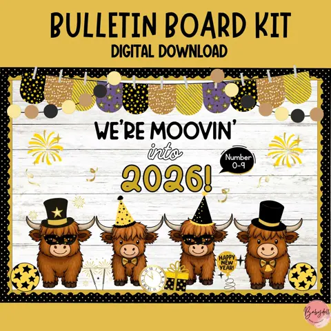 Highland Cow New Year Bulletin Board Kit, 2026 Classroom Door Decor & Farmhouse Theme