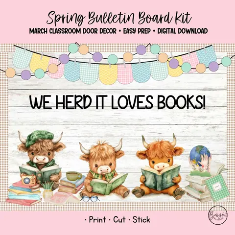 Highland Cow Reading Bulletin Board Kit Library Decor and Classroom Door Display