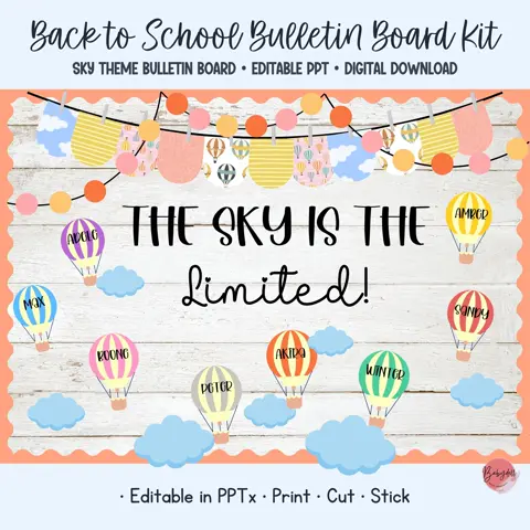 Hot air balloon board kit and sky theme classroom decor with editable balloon names