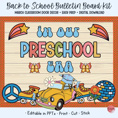 In our era preschool bulletin board kit, retro groovy classroom door decor