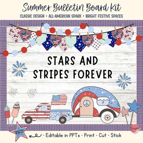 July 4th board kit with patriotic truck and fireworks summer classroom decor