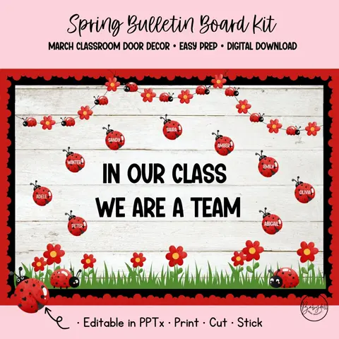 Ladybug Bulletin Board Kit for Spring Classroom Decor with Editable Name Tags